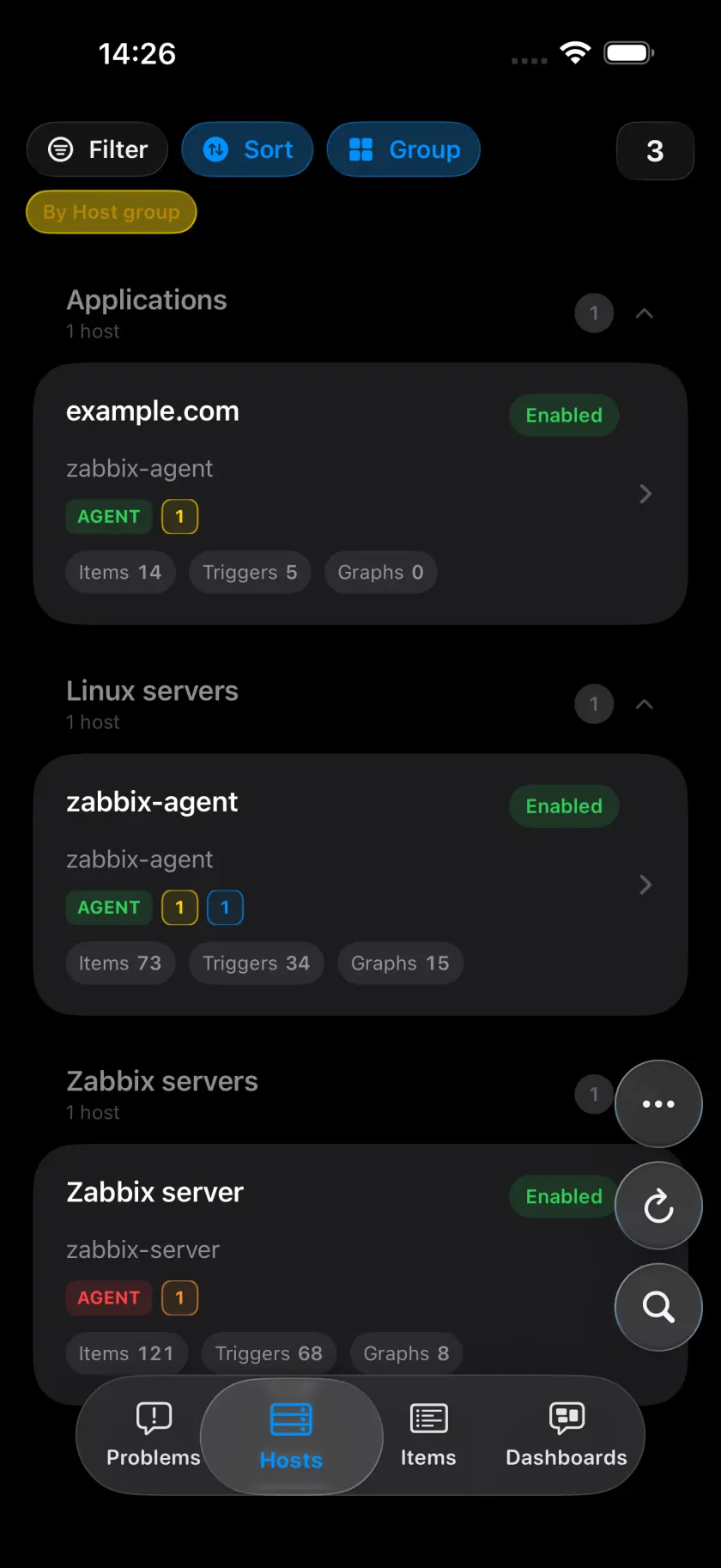 TriggerDeck hosts list on iPhone showing the current monitoring workspace