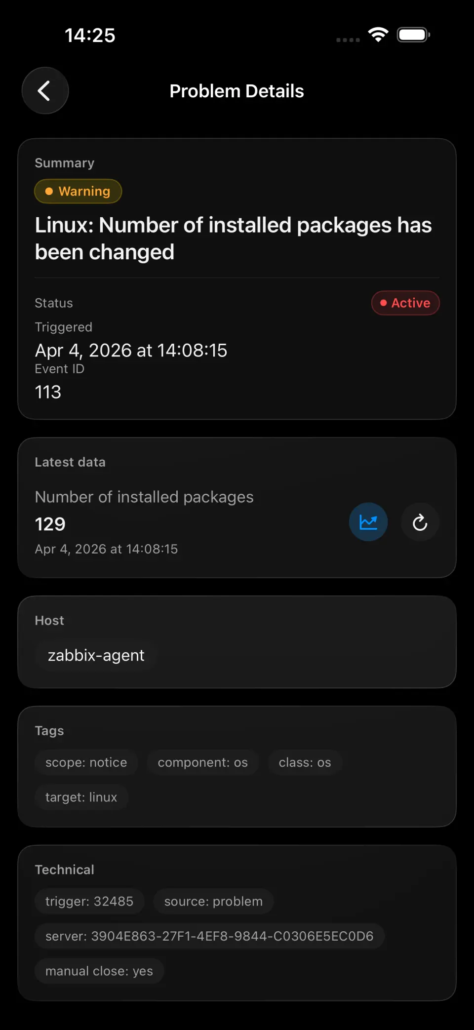 TriggerDeck problem details screen with event context and quick actions on iPhone