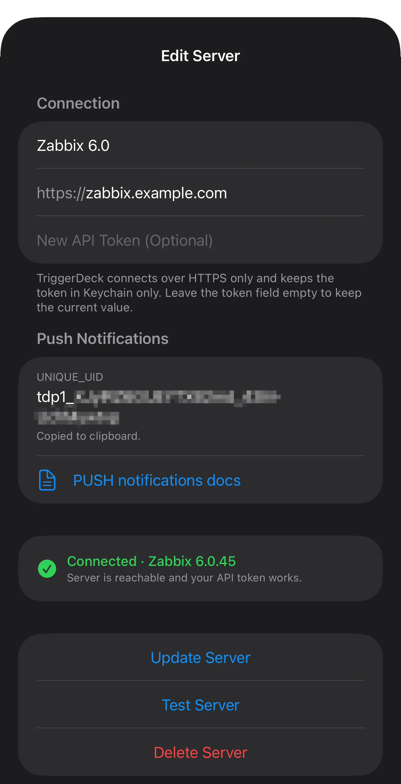 TriggerDeck Zabbix 6.0 LTS connection test result