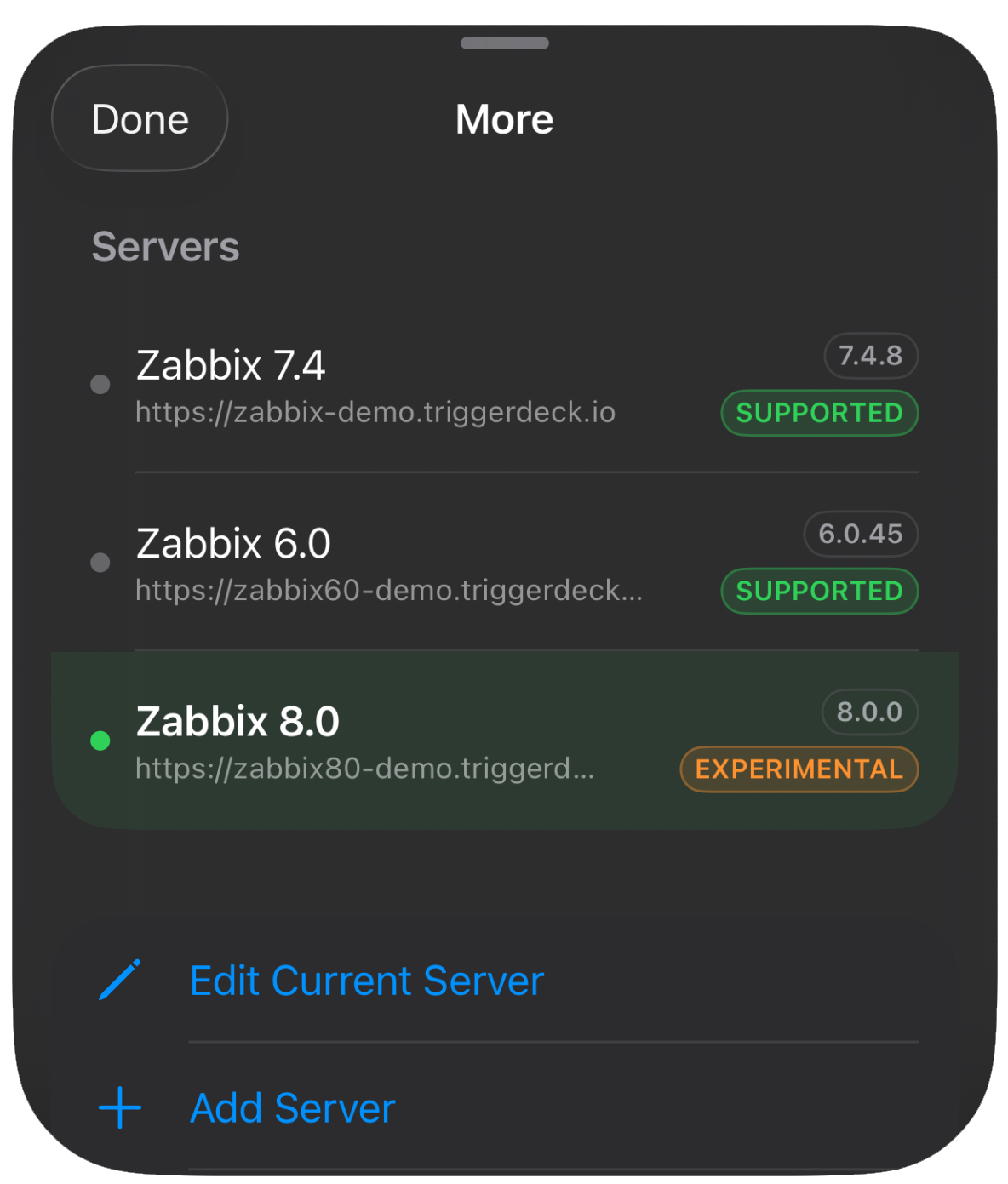 TriggerDeck server list showing a Zabbix 8.0 experimental server badge